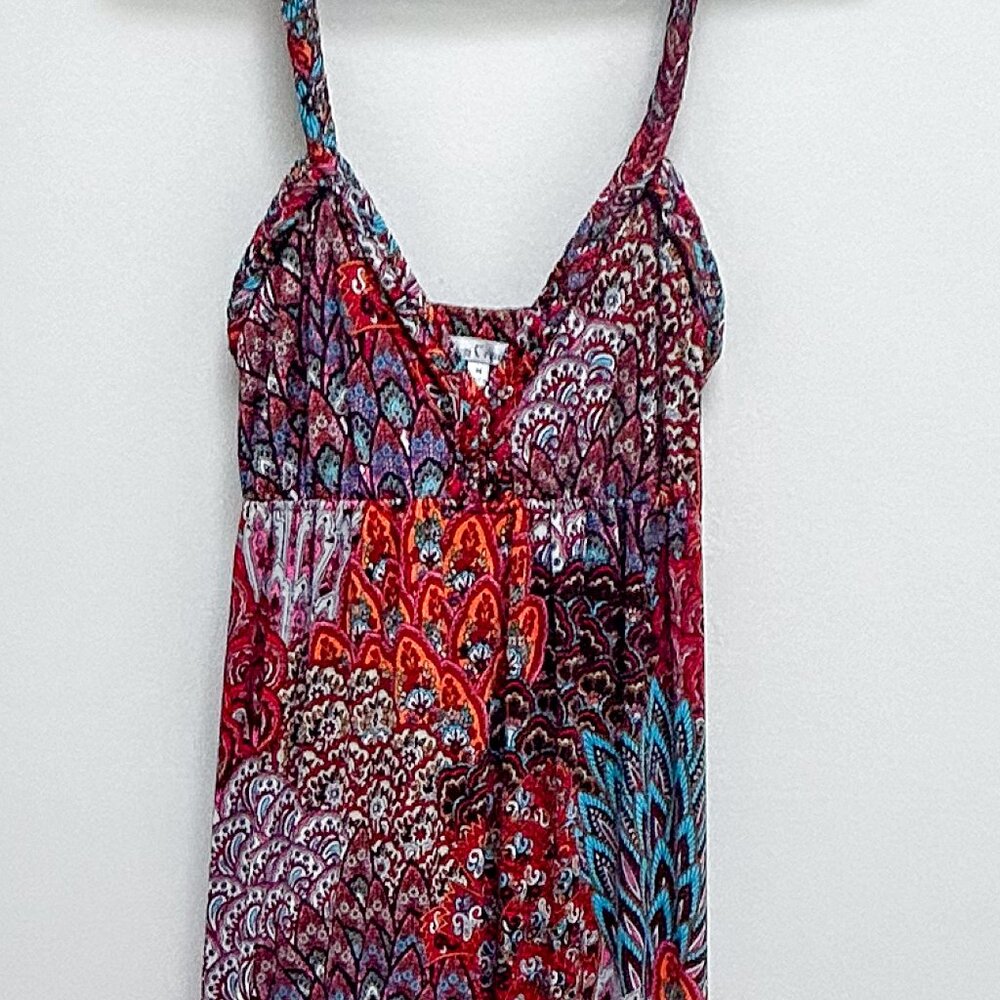 Moa Moa Maxi Dress Size Large Empire Waist Teal, Red, Pink, Orange Paisley